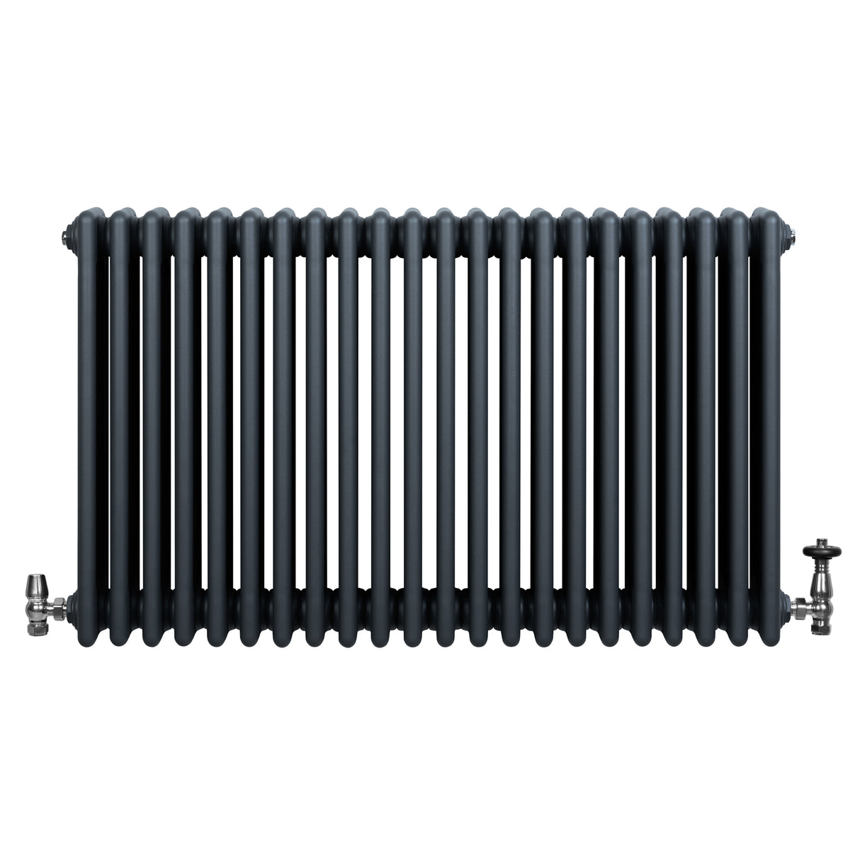 Traditionele 4-kolom radiator in antraciet grijs, met een gladde afwerking en haakse thermostaatkraan aan de zijkant