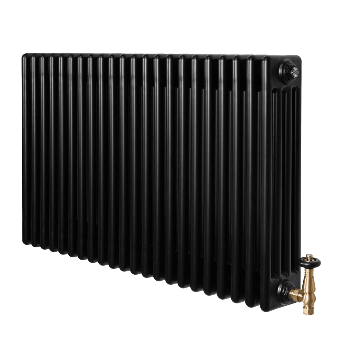 Traditionele zwarte 4-kolom radiator van 600 x 1010 mm met een glanzende afwerking en een haakse thermostaatkraan aan de onderkant