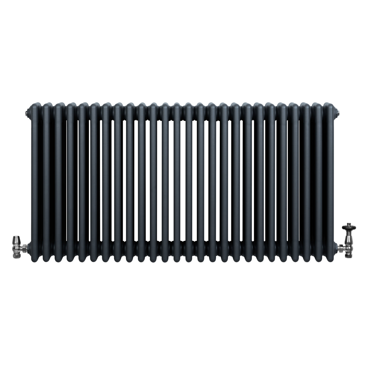 Traditionele 4-kolom radiator in antracietgrijs, met een strakke, verticale vorm en een haakse thermostaatkraan aan de zijkant