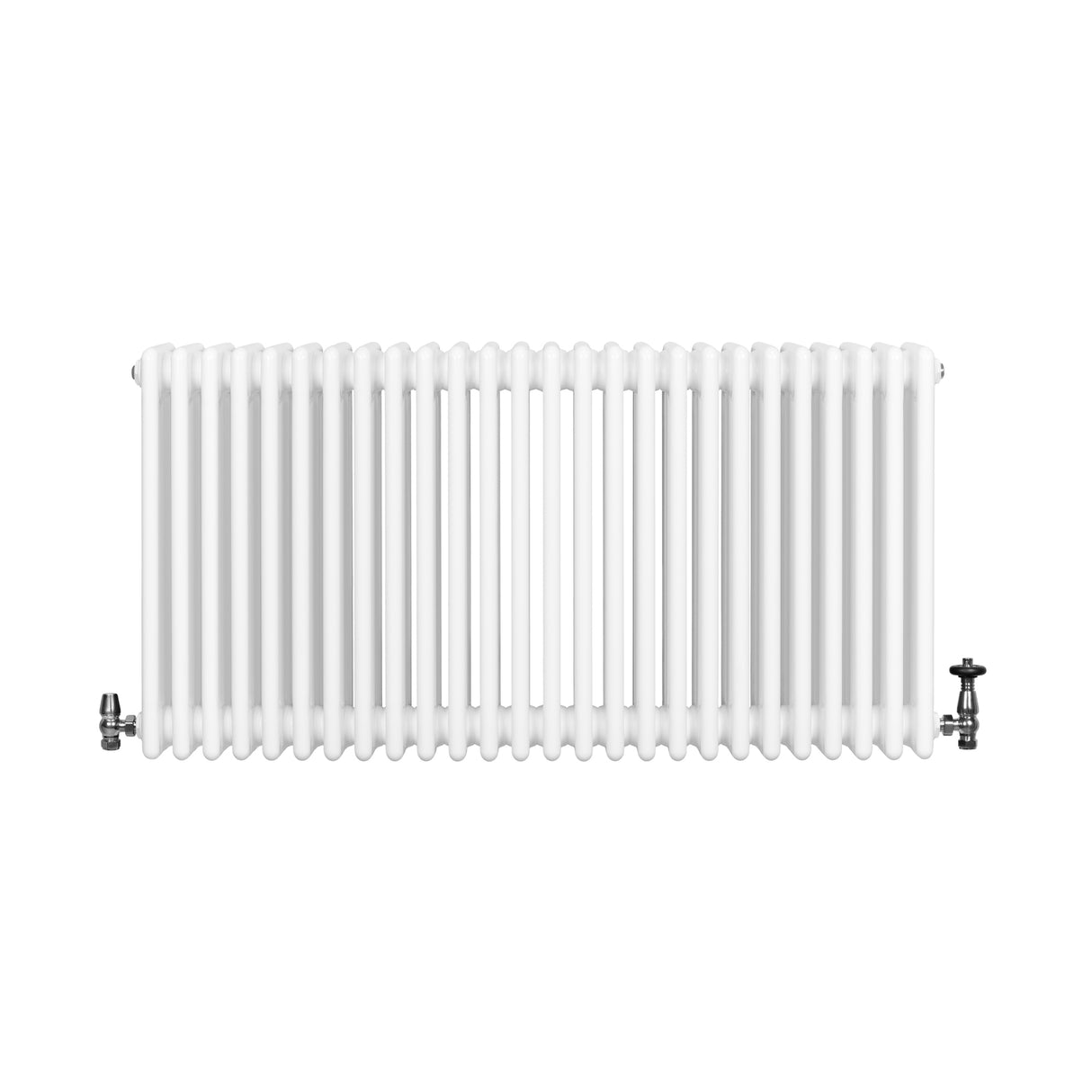 Traditionele witte 4-kolom radiator van 600 x 1190 mm met glanzende afwerking en haakse thermostaatkraan aan de zijkant