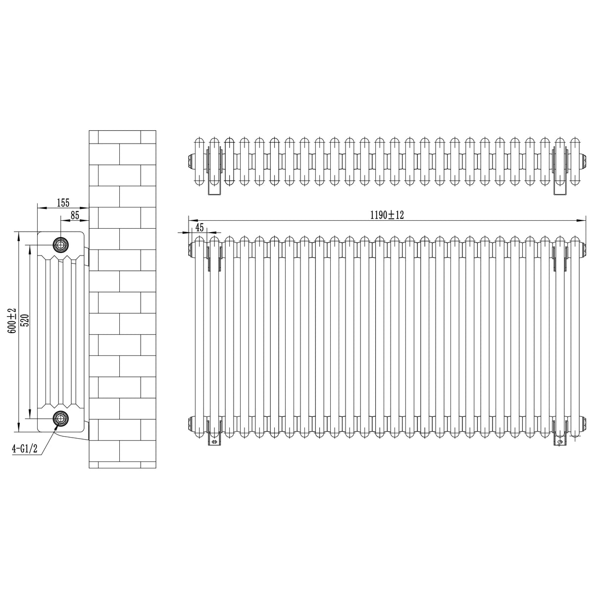 Traditionele witte 4-kolom radiator van 600 x 1190 mm met haakse thermostaatkraan, met een strakke, klassieke uitstraling en duidelijke afmetingen