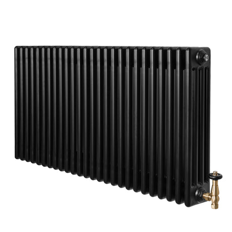 Traditionele zwarte 4-kolom radiator van 600 x 1190 mm met glanzende afwerking en haakse thermostaatkraan aan de onderkant