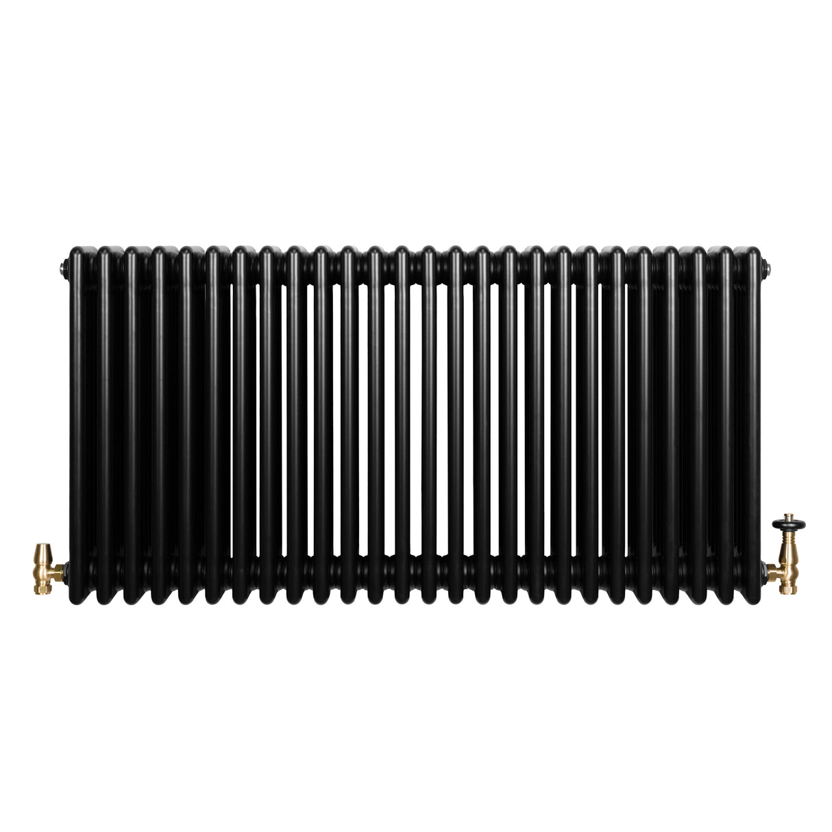 Traditionele zwarte 4-kolom radiator van 600 x 1190 mm met glanzende afwerking en haakse thermostaatkraan aan de zijkant