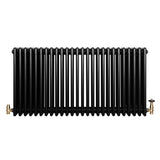 Traditionele zwarte 4-kolom radiator van 600 x 1190 mm met glanzende afwerking en haakse thermostaatkraan aan de zijkant