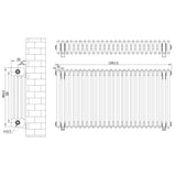 Traditionele zwarte 4-kolom radiator van 600 x 1190 mm met haakse thermostaatkraan, met duidelijke afmetingen en details