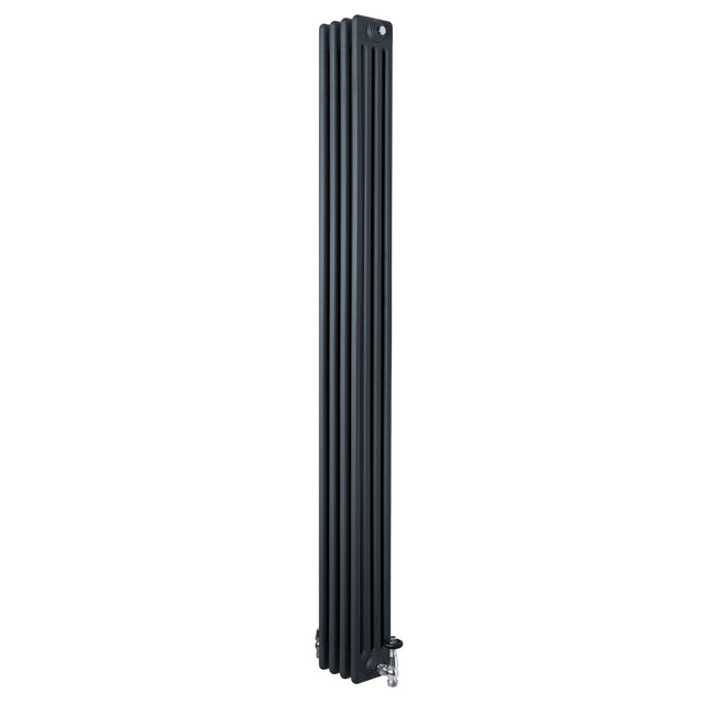 Traditionele antraciet grijze 4-kolom radiator van 1800 x 200 mm met haakse thermostaatkraan en verticale ribbelstructuur