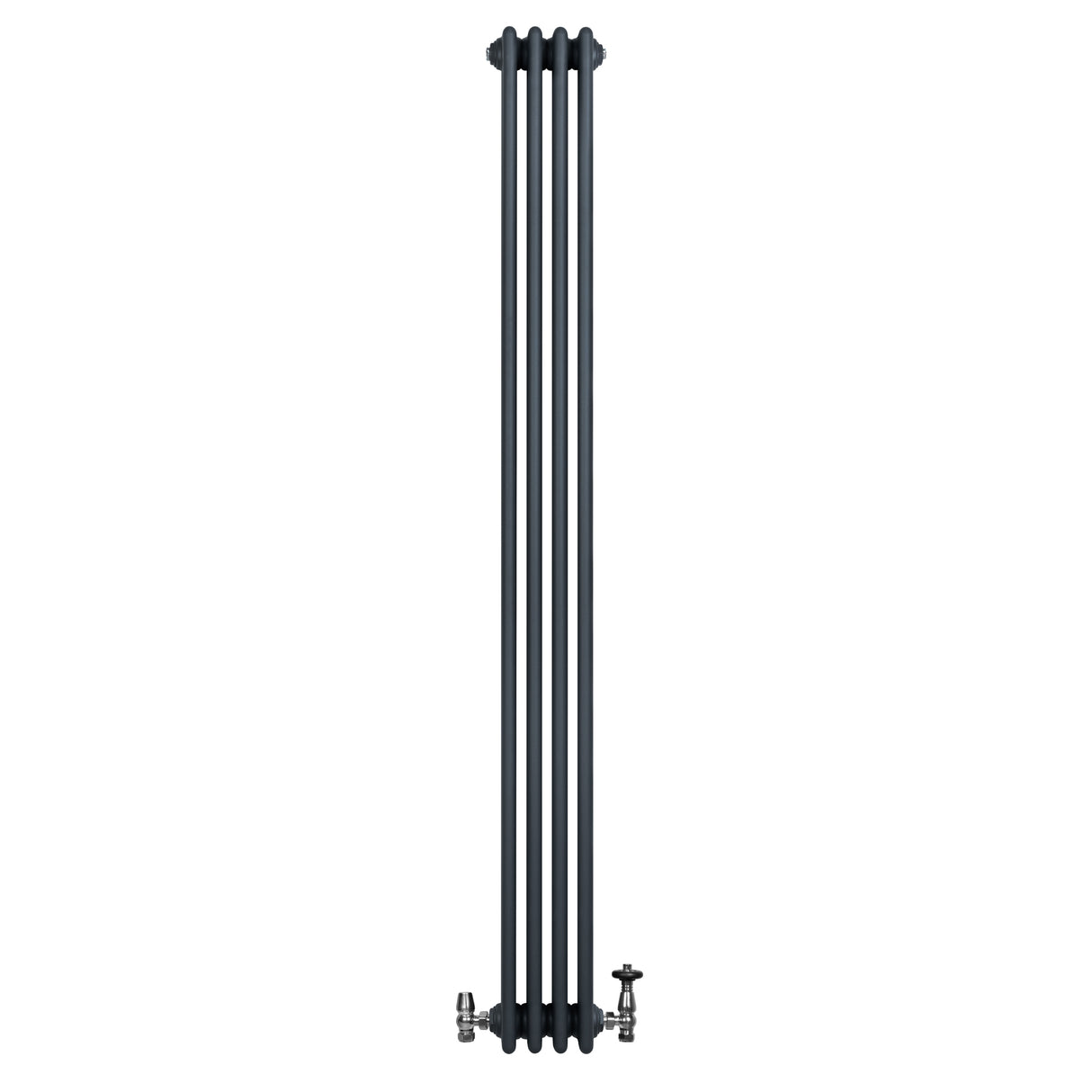 Traditionele 4-kolom radiator in antraciet grijs, 1800 x 200 mm, met haakse thermostaatkraan en strakke, verticale lijnen