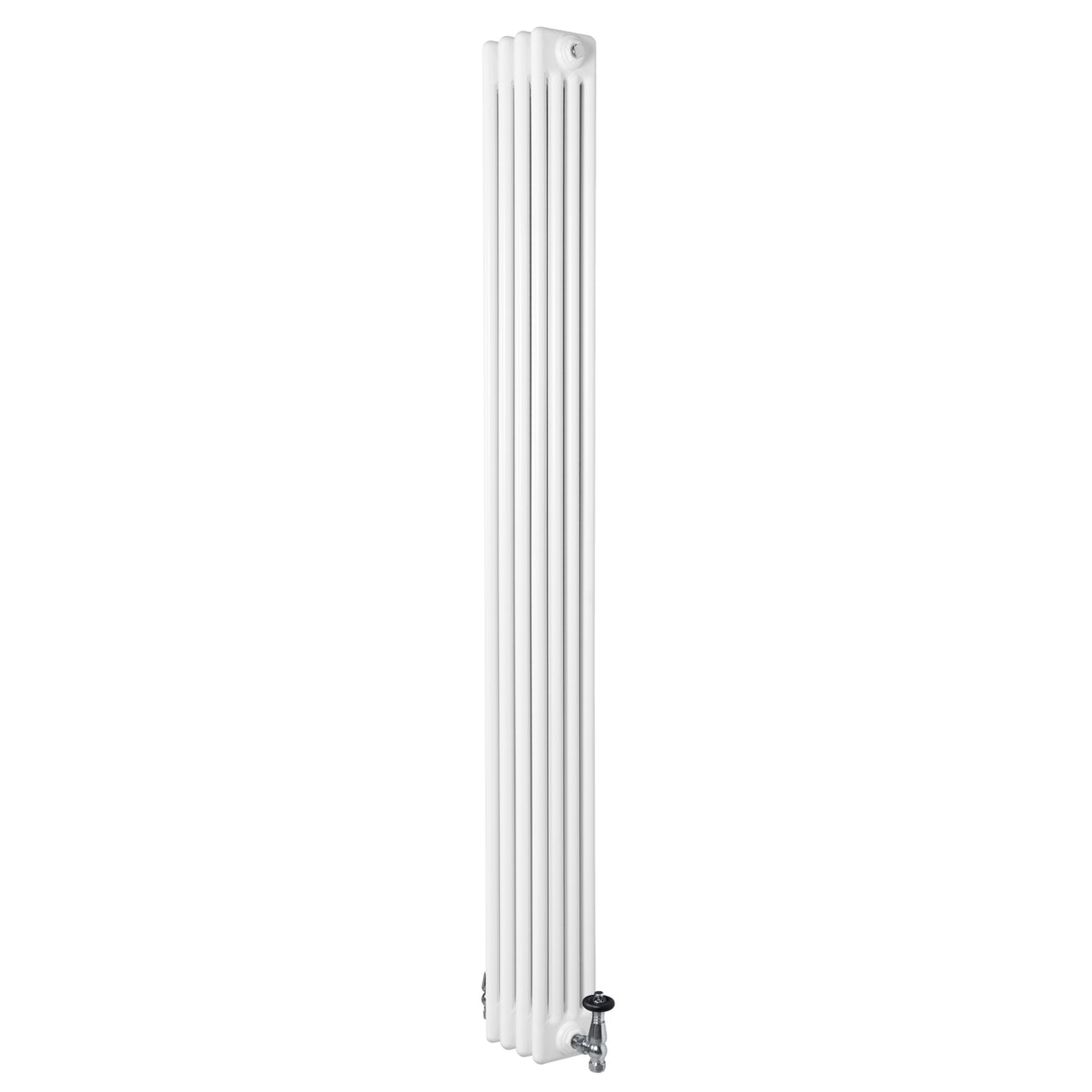 Traditionele witte 4-kolom radiator van 1800 x 200 mm met haakse thermostaatkraan, strak en modern ontwerp met verticale ribben