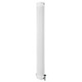 Traditionele witte 4-kolom radiator van 1800 x 200 mm met haakse thermostaatkraan, strak en modern ontwerp met verticale ribben