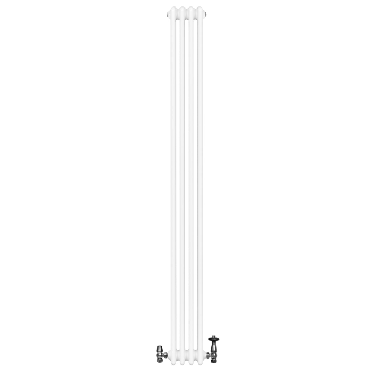 Traditionele witte 4-kolom radiator van 1800 x 200 mm met glanzende afwerking en haakse thermostaatkraan aan de onderkant