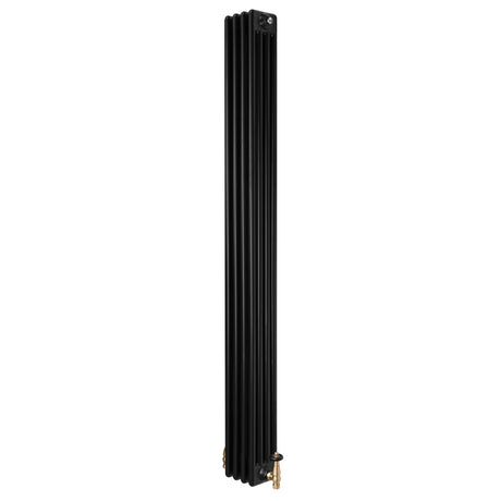 Traditionele zwarte 4-kolom radiator van 1800 x 200 mm met een haakse thermostaatkraan voor een elegante uitstraling