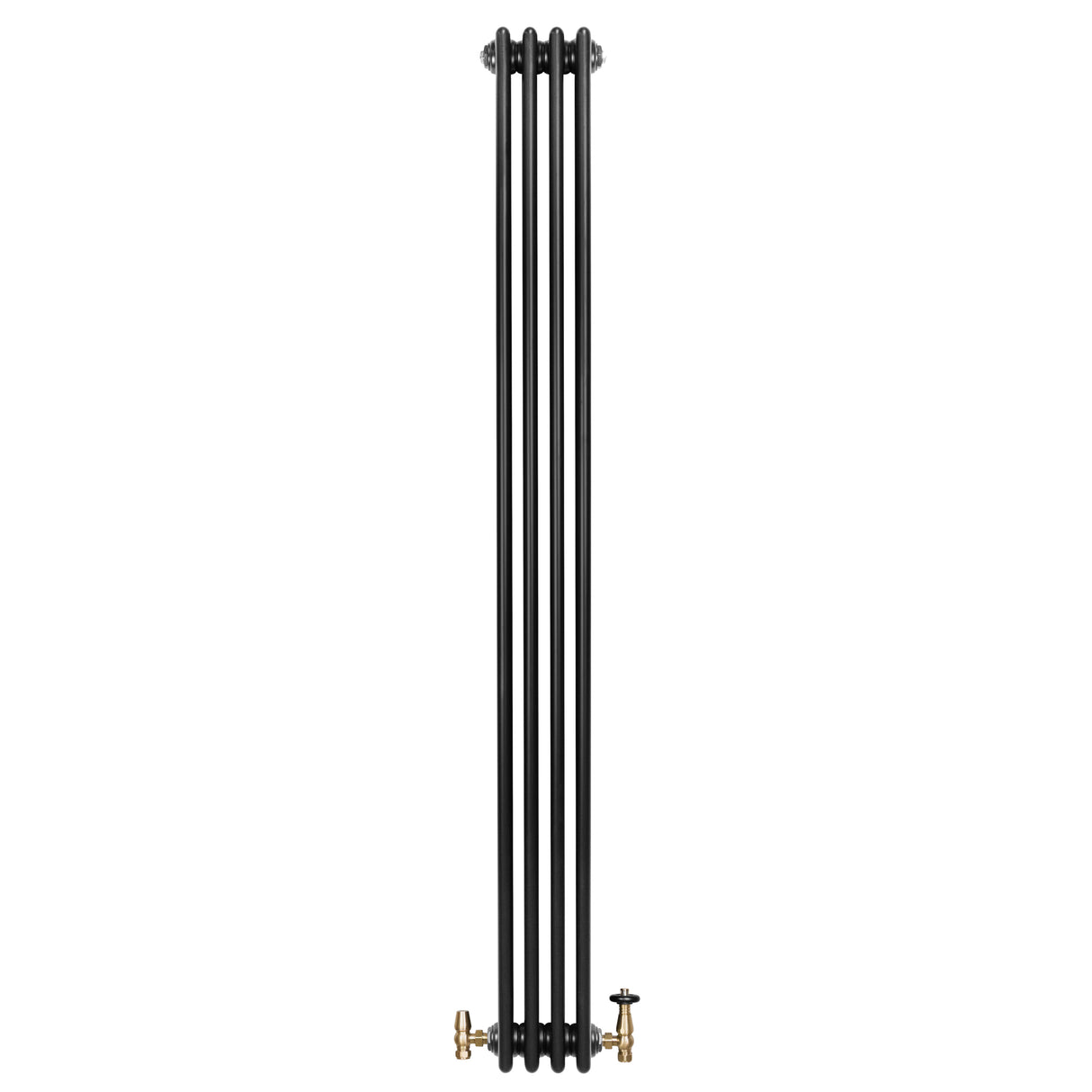 Traditionele zwarte 4-kolom radiator van 1800 x 200 mm met een haakse thermostaatkraan en een gladde, moderne afwerking