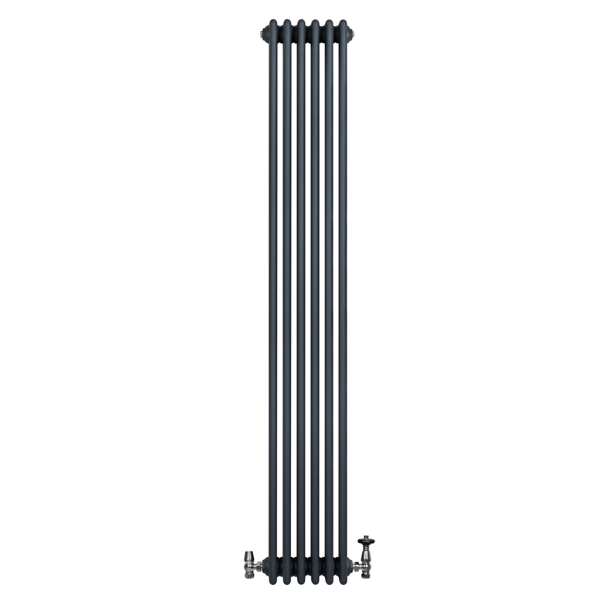 Traditionele antraciet grijze 4-kolom radiator van 1800 x 290 mm met een haakse thermostaatkraan aan de onderzijde