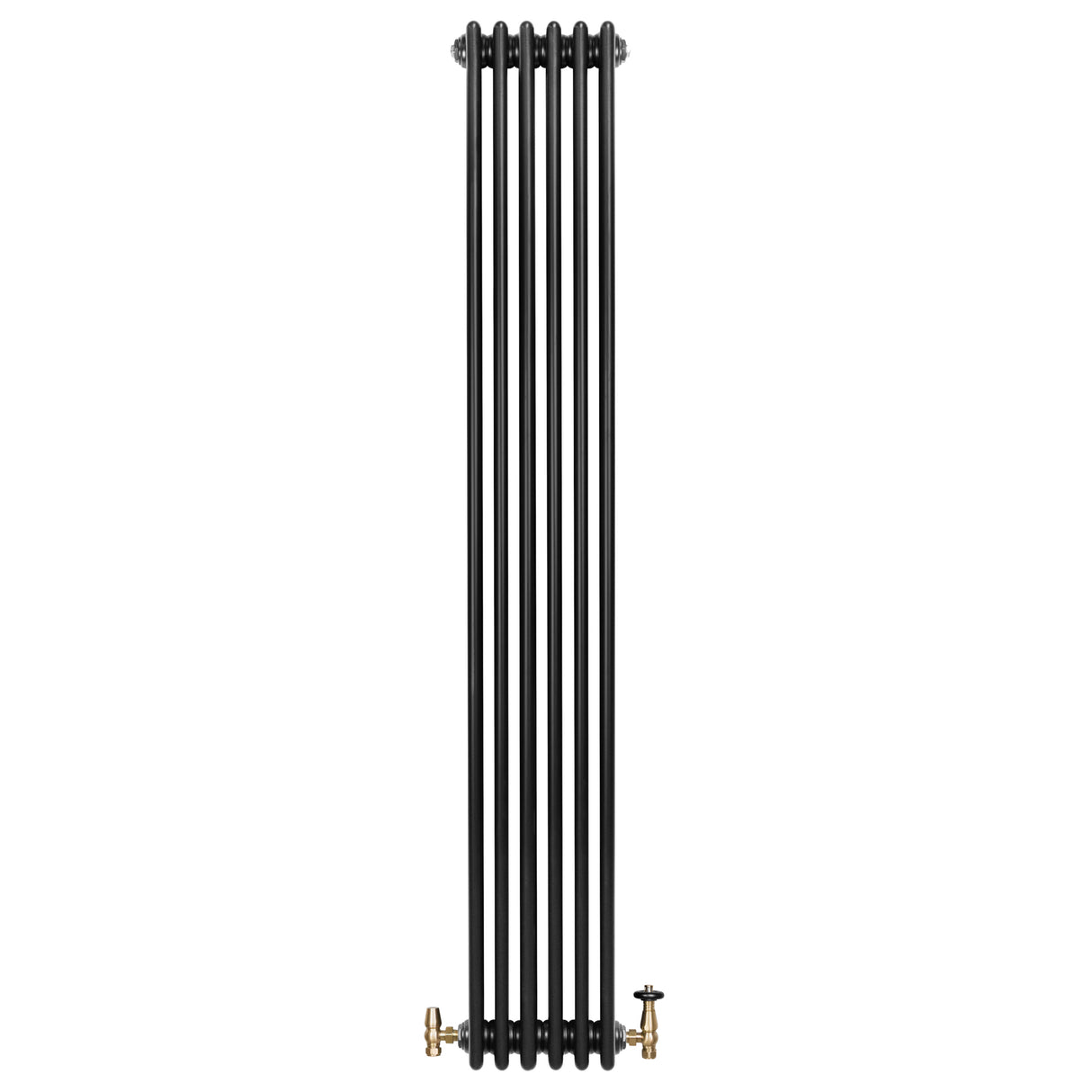 Zwarte traditionele 4-kolom radiator van 1800 x 290 mm met een glanzende afwerking en een haakse thermostaatkraan aan de onderkant