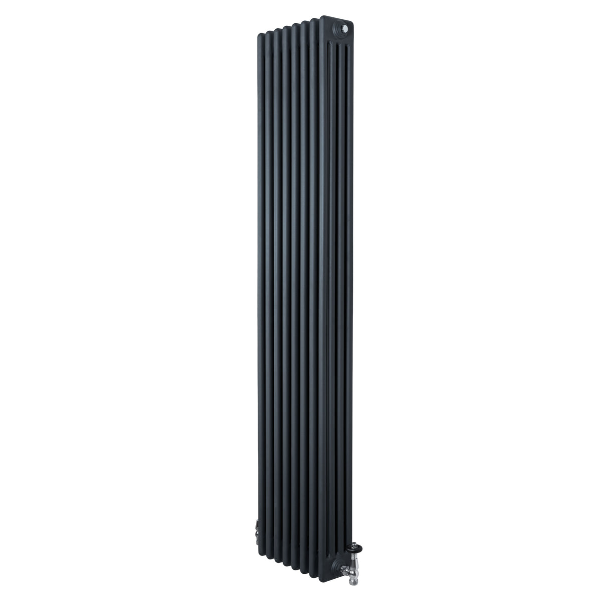 Traditionele 4-kolom radiator in antraciet grijs, 1800 x 380 mm, met haakse thermostaatkraan en verticale ribbelstructuur