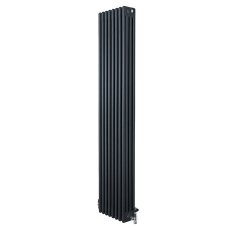 Traditionele 4-kolom radiator in antraciet grijs, 1800 x 380 mm, met haakse thermostaatkraan en verticale ribbelstructuur