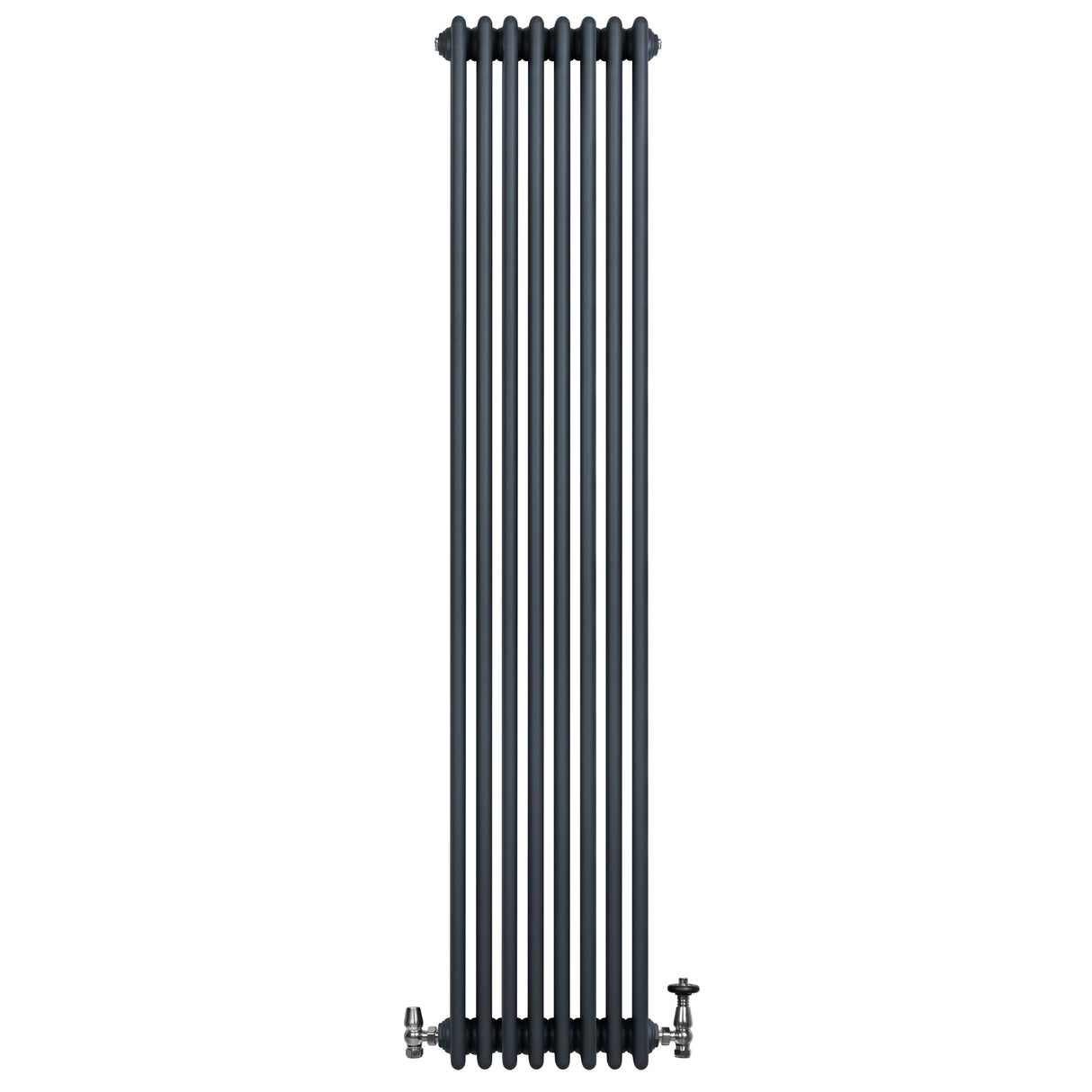 Traditionele antraciet grijze 4-kolom radiator van 1800 x 380 mm met haakse thermostaatkraan, strak en modern ontwerp