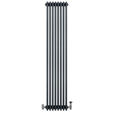 Traditionele antraciet grijze 4-kolom radiator van 1800 x 380 mm met haakse thermostaatkraan, strak en modern ontwerp