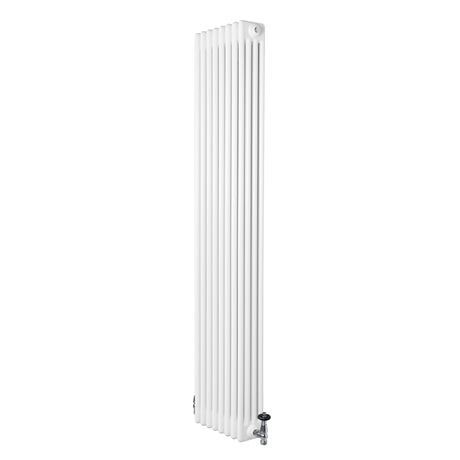 Traditionele witte 4-kolom radiator van 1800 x 380 mm met haakse thermostaatkraan, strak en modern ontwerp met verticale lamellen