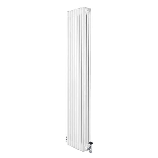 Traditionele witte 4-kolom radiator van 1800 x 380 mm met haakse thermostaatkraan, strak en modern ontwerp met verticale lamellen