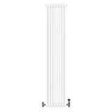 Traditionele witte 4-kolom radiator van 1800 x 380 mm met glanzende afwerking en haakse thermostaatkraan aan de onderkant