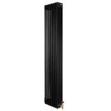 Traditionele zwarte 4-kolom radiator van 1800 x 380 mm met een glanzende afwerking en haakse thermostaatkraan aan de onderkant