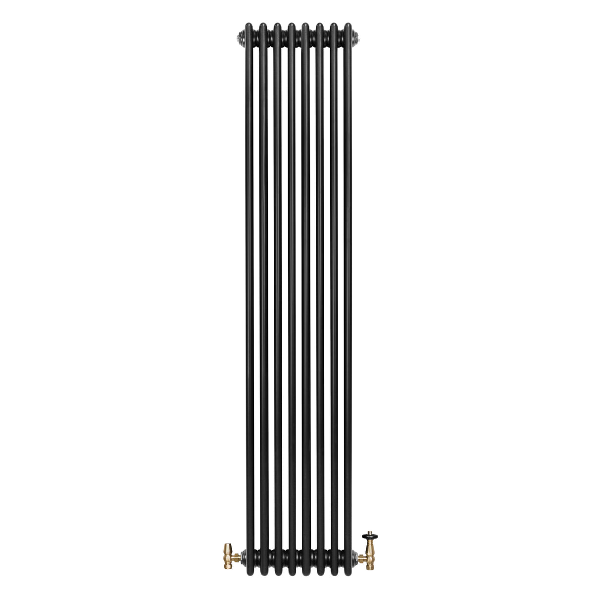 Traditionele zwarte 4-kolom radiator van 1800 x 380 mm met glanzende afwerking en haakse thermostaatkraan aan de onderkant