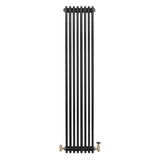 Traditionele zwarte 4-kolom radiator van 1800 x 380 mm met glanzende afwerking en haakse thermostaatkraan aan de onderkant
