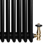 Traditionele zwarte 4-kolom radiator van 1800 x 380 mm met glanzende afwerking en een haakse thermostaatkraan van messing