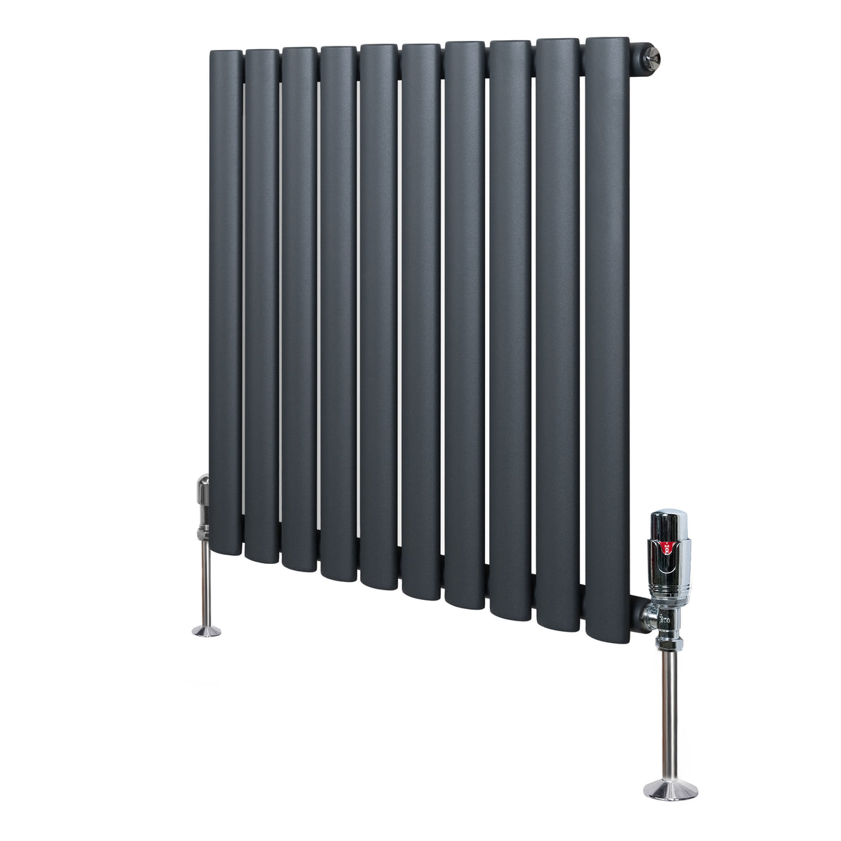 Ovale design radiator in antraciet grijs met één kolom en haakse thermostaatkraan, strak en modern vormgegeven