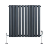 Ovale design radiator in antraciet grijs, 1 kolom, met haakse thermostaatkraan en moderne, strakke lijnen voor een stijlvolle uitstraling