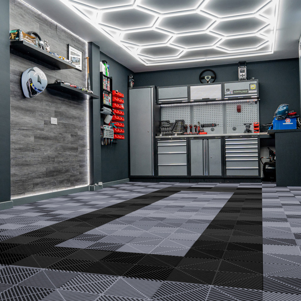Geventileerde Kliktegels 6m x 6m voor Garage en Werkplaatsen, Antislip - 165 Grijs en 60 Zwart