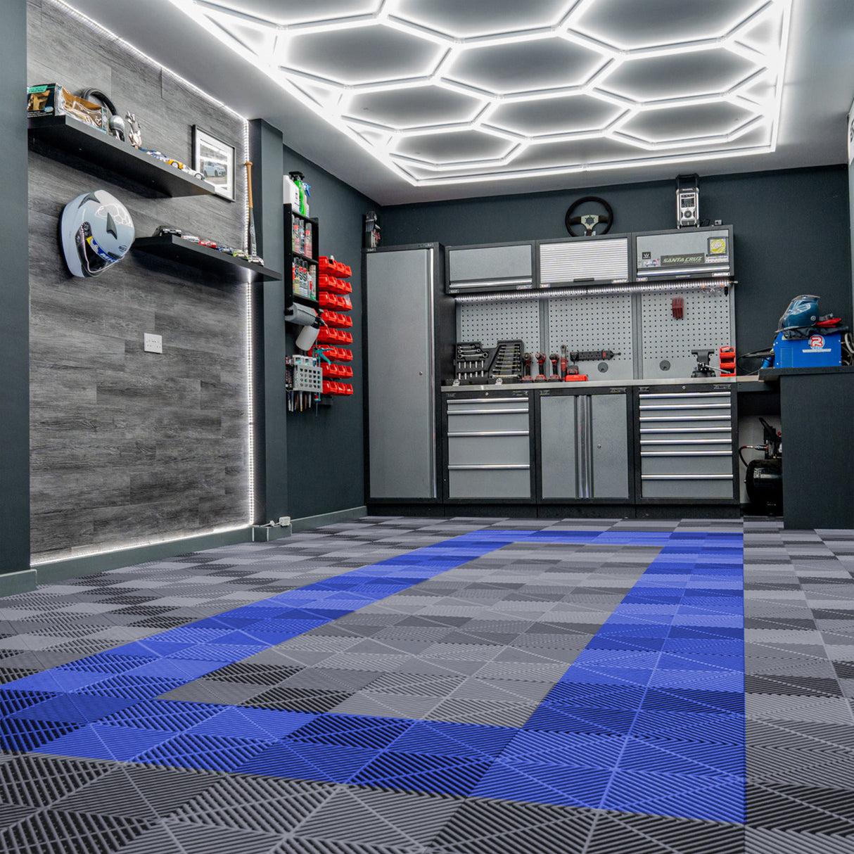 Geventileerde Kliktegels 3,2m x 6m voor Garage en Werkplaatsen, Antislip - 90 Grijs en 30 Blauw
