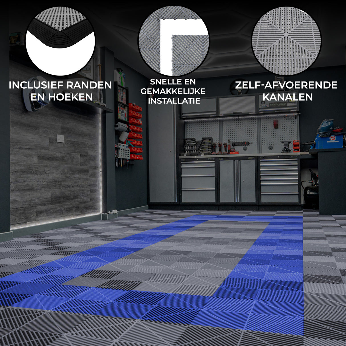 Geventileerde Kliktegels 6m x 6m voor Garage en Werkplaatsen, Antislip - 165 Grijs en 60 Blauw