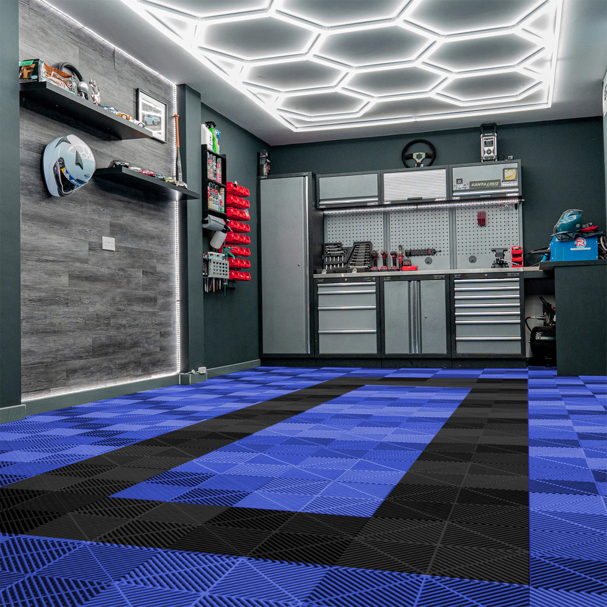 Hexagon LED-verlichting & Geventileerde Garagevloertegels Met Randen - 90 Blauwe & 30 Zwarte Tegels