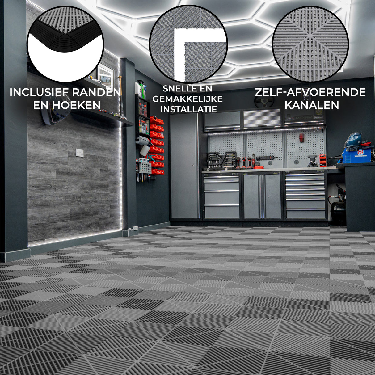Geventileerde Kliktegels 6m x 6m voor Garage en Werkplaatsen, Antislip - Grijs