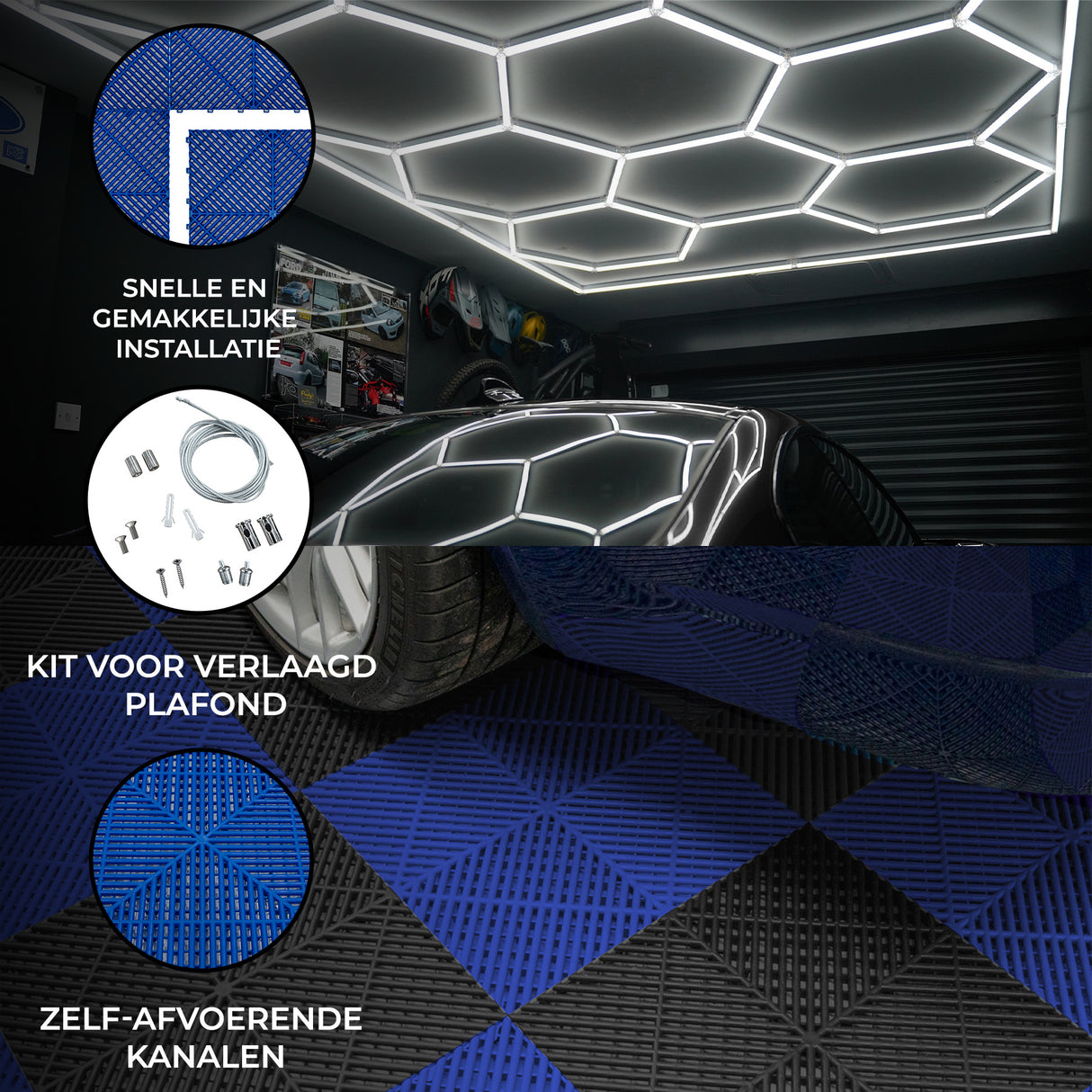 Hexagon LED-Verlichting & Geventileerde Garagevloertegels Met Randen - 60 Zwarte & 60 Blauwe Tegels