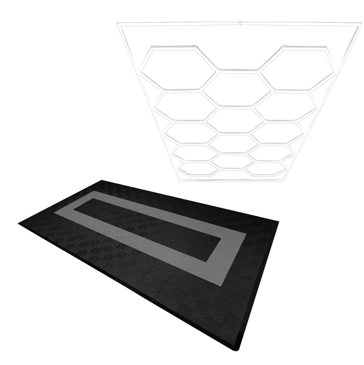 Hexagon LED-Verlichting & Geventileerde Garagevloertegels Met Randen - 90 Zwarte & 30 Grijze Tegels