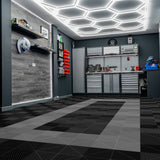 Hexagon LED-Verlichting & Geventileerde Garagevloertegels Met Randen - 90 Zwarte & 30 Grijze Tegels