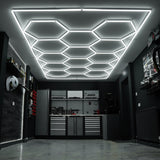 Hexagon LED-verlichting & Geventileerde Garagevloertegels Met Randen - 90 Blauwe & 30 Grijze Tegels