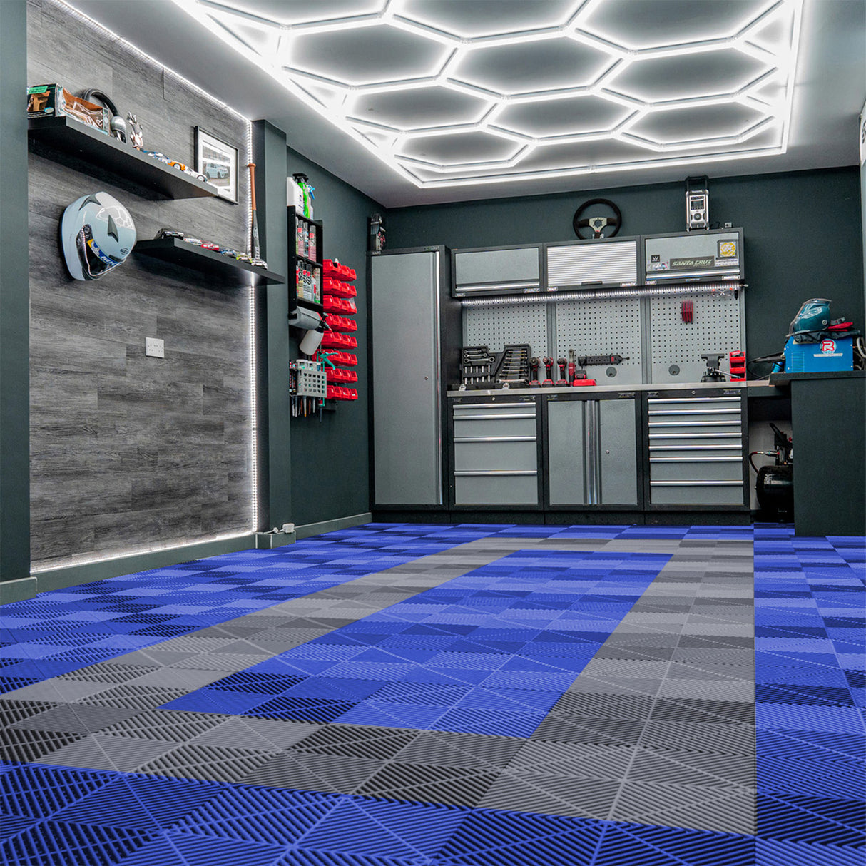 Hexagon LED-verlichting & Geventileerde Garagevloertegels Met Randen - 90 Blauwe & 30 Grijze Tegels