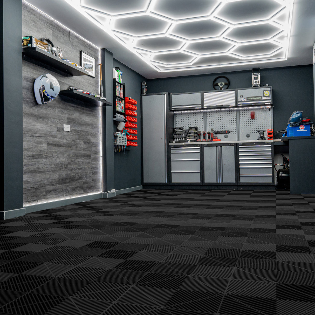 Hexagon LED-verlichting x 2 & Geventileerde Garagevloertegels x 225 met Randen - Zwart