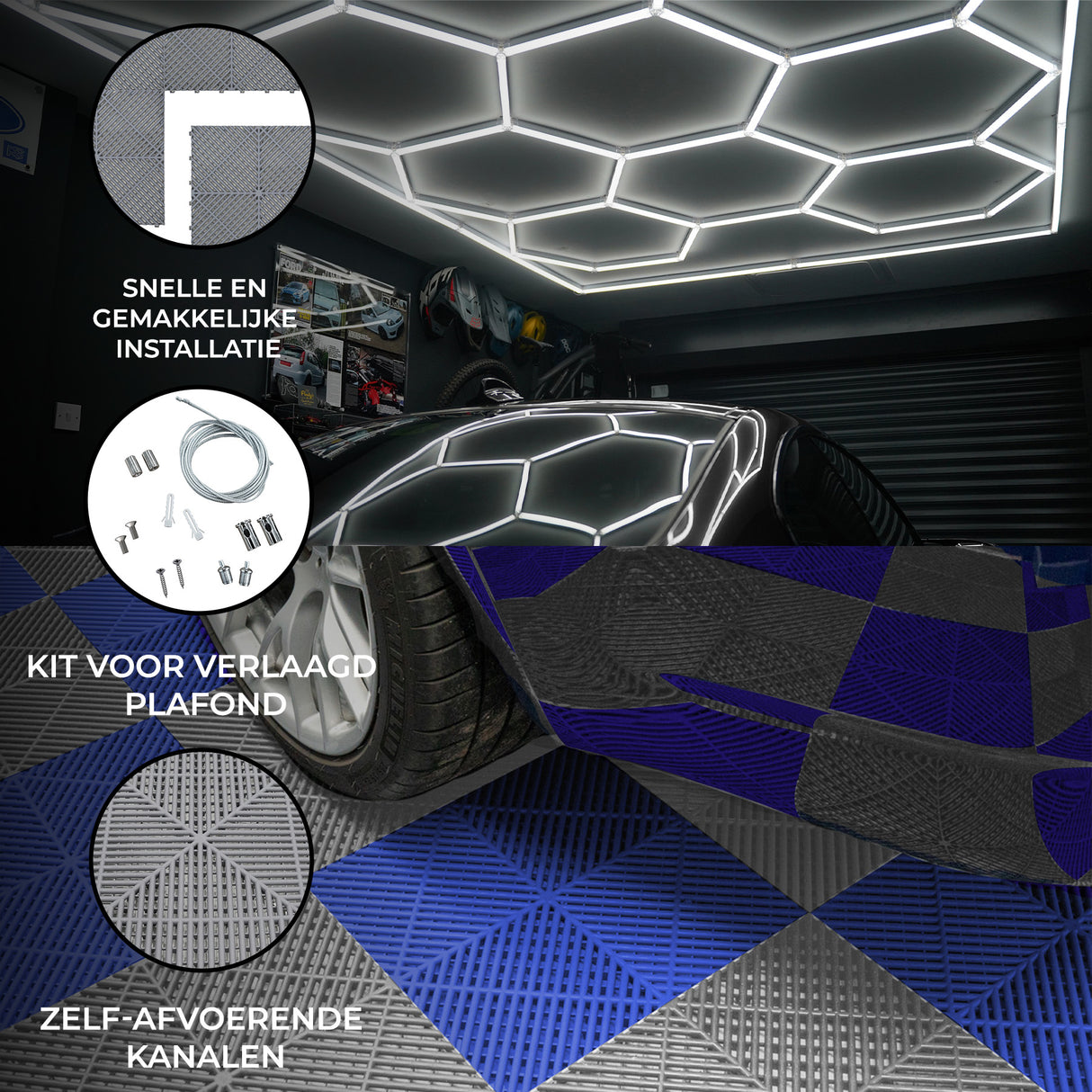 Hexagon LED-verlichting x 2 & Geventileerde Garagevloertegels x 120 Zwart & 120 Blauw met Randen