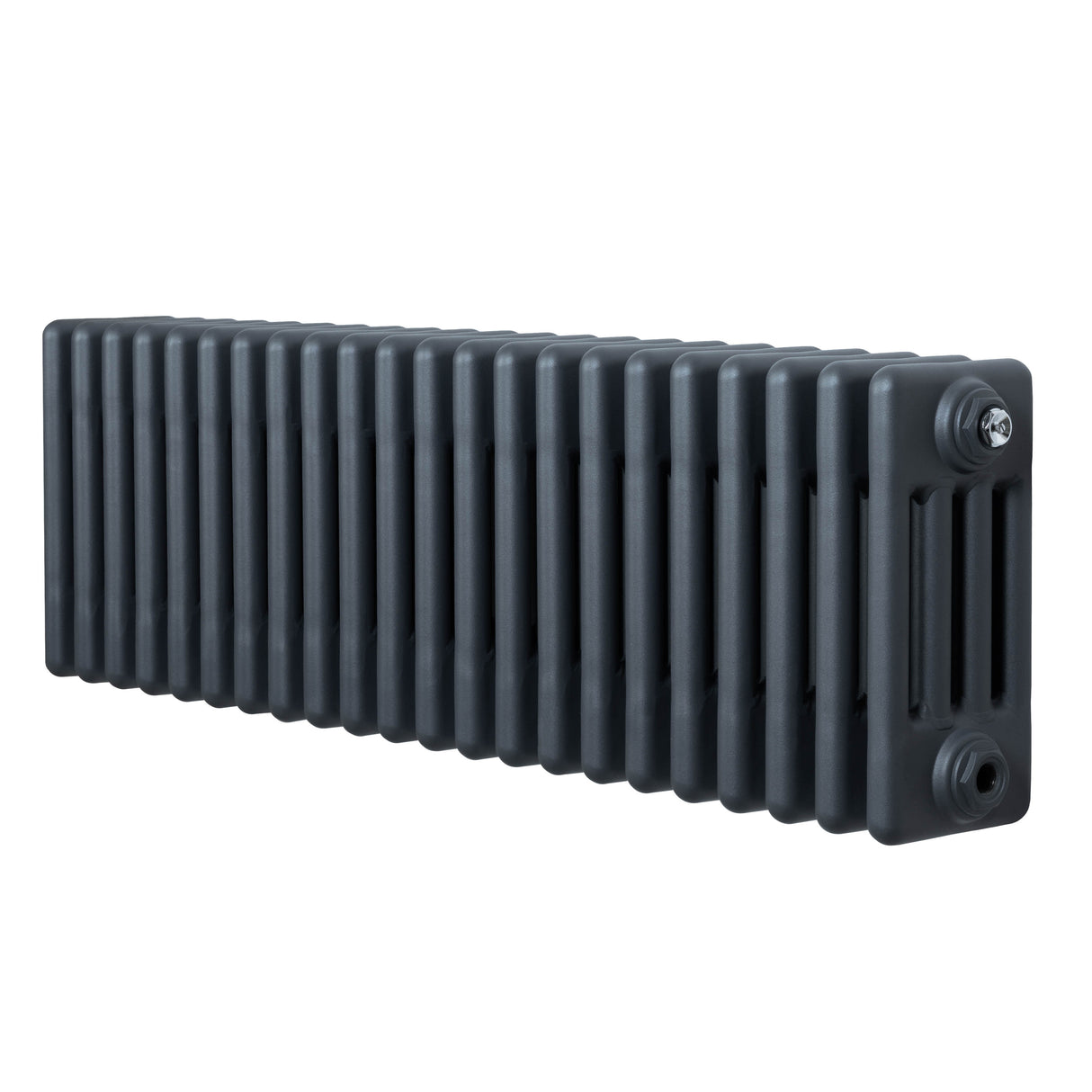 Traditionele 4-kolom radiator in antraciet grijs, met een strakke, rechthoekige vorm en een gladde, matte afwerking
