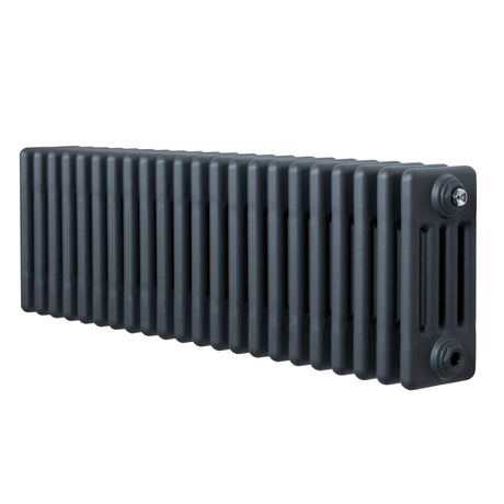 Traditionele 4-kolom radiator in antraciet grijs, met een strakke, rechthoekige vorm en een gladde, matte afwerking