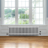 Traditionele witte 4-kolom radiator van 300 x 1010 mm, geplaatst onder een groot raam met uitzicht op een groene tuin en houten vloer