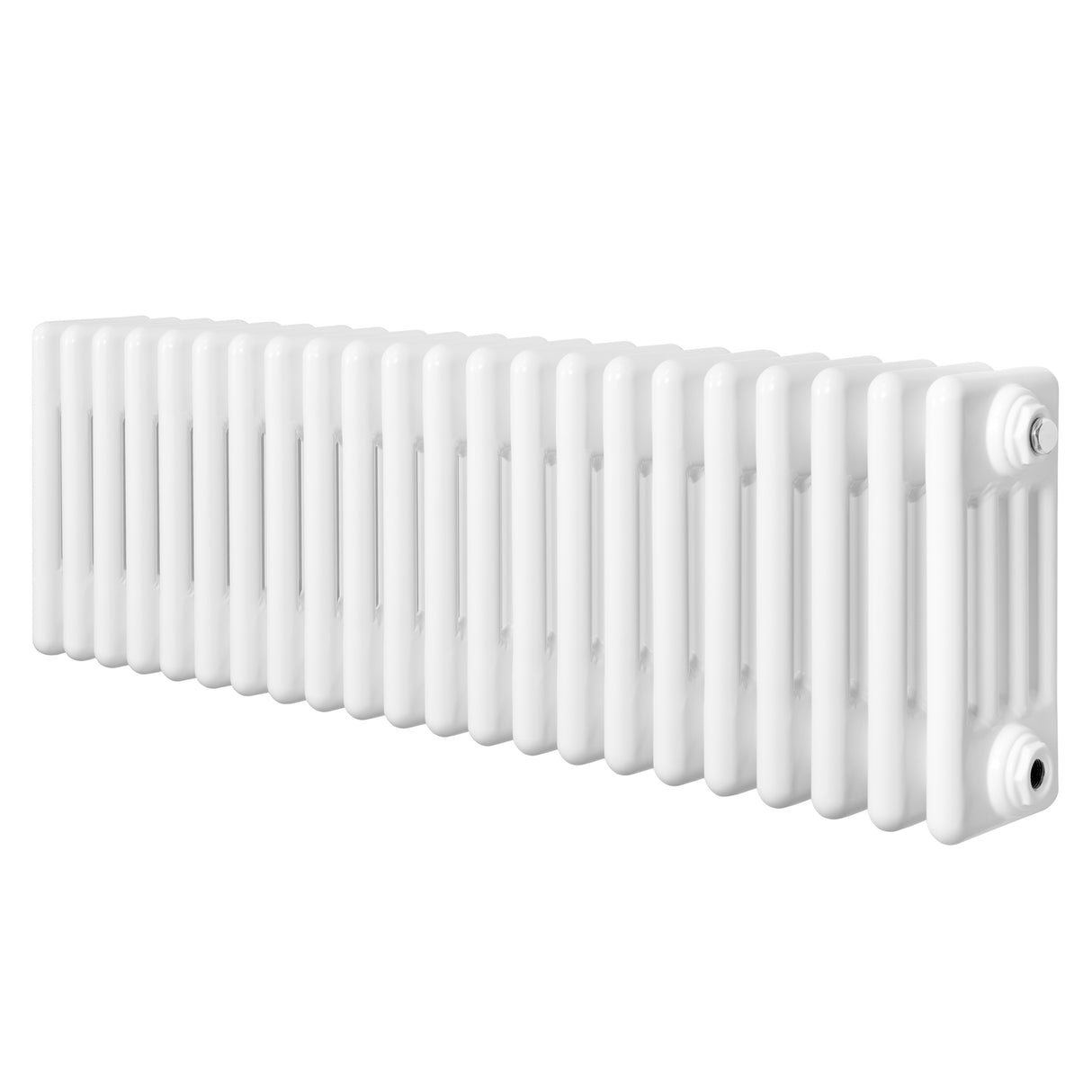 Traditionele witte 4-kolom radiator van 300 x 1010 mm met een gladde, glanzende afwerking en rechte lijnen voor een klassieke uitstraling