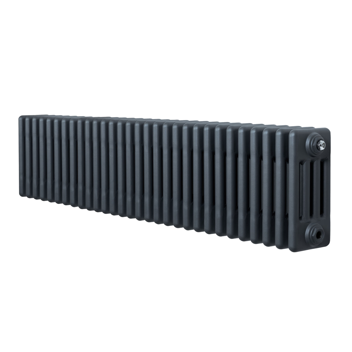 Traditionele 4-kolom radiator in antracietgrijs, 300 x 1370 mm, met een gestreept ontwerp en een gladde, matte afwerking