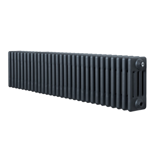 Traditionele 4-kolom radiator in antracietgrijs, 300 x 1370 mm, met een gestreept ontwerp en een gladde, matte afwerking