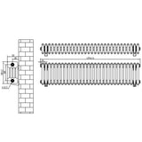 Traditionele 4-kolom radiator in antraciet grijs, met gedetailleerde afmetingen en een elegant, klassiek ontwerp voor optimale verwarming